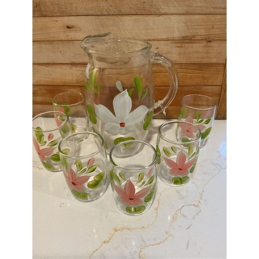 1950s Bartlett Collins Hand Painted Juice Pitcher & 6 glasses MCM NICE!!